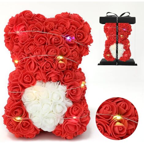 TEDDYBÄR AUS ROSENBLÄTTERN LED ROT IN EINER BOX VALENTINSTAG GESCHENKIDEE 25CM