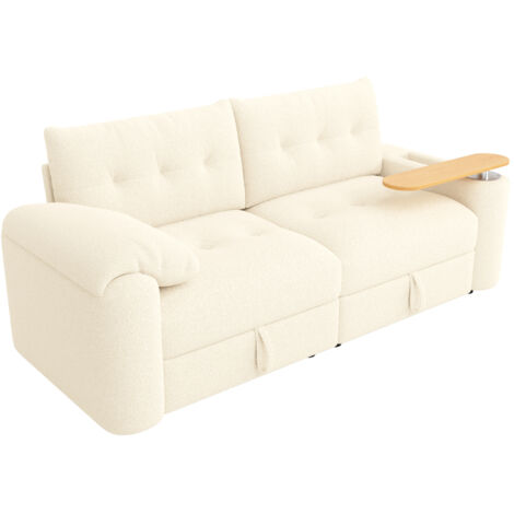 Teddyplüsch Sofa 3-Sitzer klein modular mit Stauraum, Kopfstütze & integriertem Beistelltisch – platzsparende Schlafcouch für Apartment, Wohnzimmer & Gästezimmer, Beige