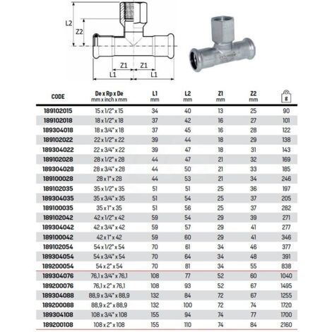 Tee con derivazione filetto F ø54x1/2"Fx54 inox 316L press 189102054