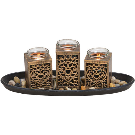 Teelichthalter Dekoset 8-teilig mit Tablett - schwarz / gold - Tischdeko Set inklusive Steine - Kerzen Tablett Teelicht Halter Tisch Deko Landhaus inklusive Kies