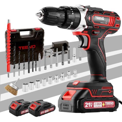 TEENO 21V Akku-Bohrschrauber für Makita-Akkus (2 x 2,0 Ah), 45 Nm Drehmoment, rostfreie Metallbürste, 25+1 Drehmomenteinstellungen, 2 Geschwindigkeiten, LED-Licht, 31 Zubehörteile und Transportkoffer