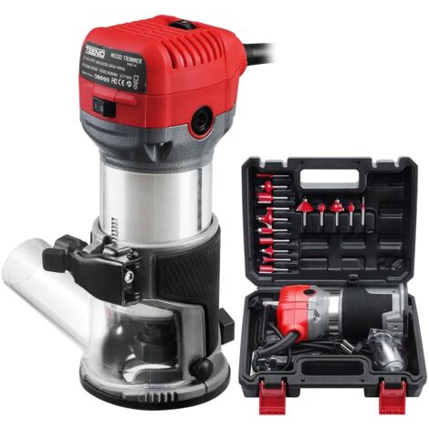 TEENO Affleureuse Défonceuse 800W, 13000-33000 RPM Avec Housse anti Poussière, Affleureuse à Bois Avec 15 Fraises à Défoncer Queue de 1/4", 6 Vitesses Variables, Base Fixe Mèches 6/6.35/8mm, Boite en 