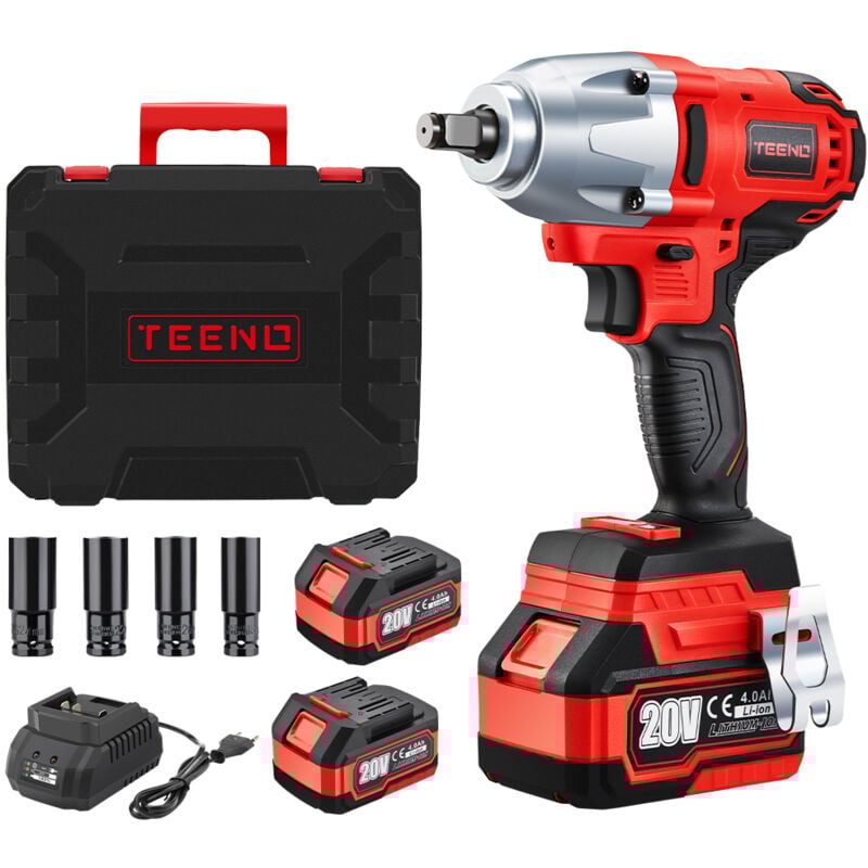 TEENO Brushless Clé à Chocs Sans Fil 600Nm 2X4.0Ah Batterie, 1/2" 20 V Boulonneuse a Choc avec 4 Douilles à Chocs(17/19/21/22mm),Pour l'Automobile et