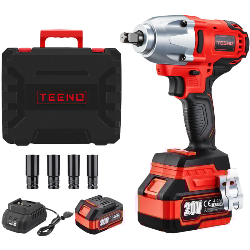 Brushless Clé à Chocs Sans Fil 600Nm 4.0Ah Batterie, 1/2' 20 v Boulonneuse a Choc avec 4 Douilles à Chocs(17/19/21/22mm),Pour l'Automobile et l'Usage