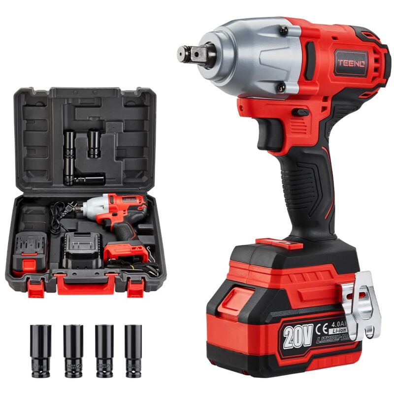 Clé à chocs 20V Brushless Lithium-Ion Batteries 4.0Ah, 4 Douilles à Chocs, 600N.m (une batterie) - Teeno