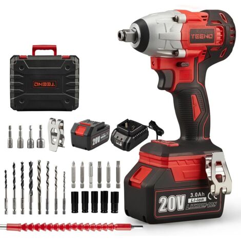 Teeno – Clé à chocs sans fil 20V – Moteur Brushless – Couple 320Nm – Batterie 3.0Ah – 25 accessoires inclus – Vitesse 0-3500 tr/min - 25pcs