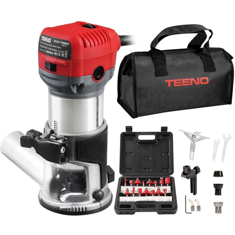 Teeno - Défonceuse Affleureuse Électrique 710W 13000-33000 rpm Avec Housse anti Poussière, Affleureuse à Bois Avec 5 Fraises à Défoncer Queue de
