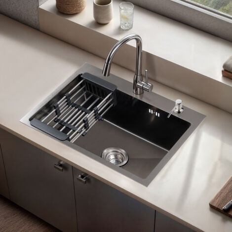 TEENO Évier de Cuisine 1 Bac en Acier Inoxydable 55x45 CM avec Distributeur de Savon et Panier Télescopique, Noir