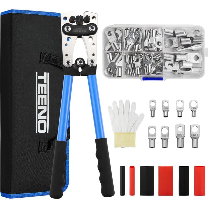 Teeno - Pinces à Sertir 6/10/16/25/35/50 mm²+Kit de 60 cosses à sertir + Tubes Thermorétractables pour câble de batterie, Pinces d'électricien pour
