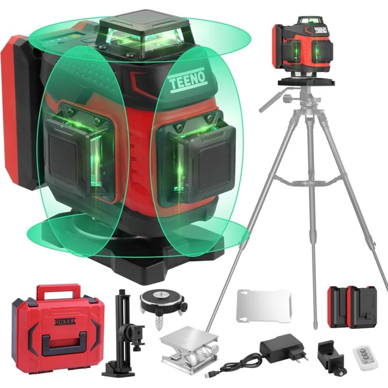 Niveau Laser 4 x 360° avec Affichage de La Puissance, vert 4D 16 Line, Batterie Rechargeable 4800 mAh x 2, Niveaux laser avec télécommande et