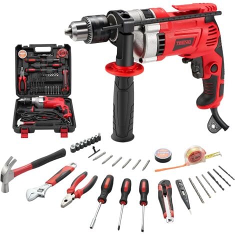 TEENO Perceuse à Percussion Filaire Electrique 910W 220-240V, Perceuse Électrique à Percussion 0-3000 RPM avec 37 Pièces Caisse à Outil Complete Tournevis et Pinces, Mandrin 13mm, Vitesse Variable