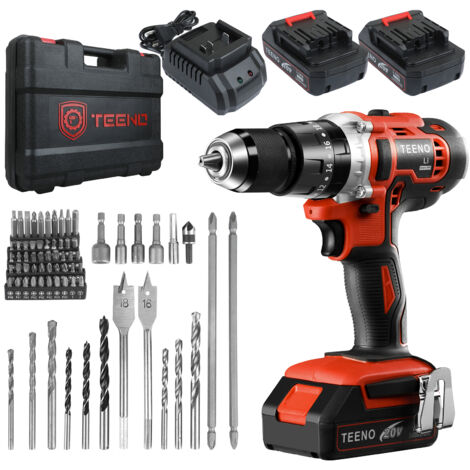 Teeno – Perceuse-visseuse sans fil 20V avec 2 batteries 2.0Ah – Couple 45Nm – 20+3 réglages pour perçage bois et béton – Coffret de 69 accessoires - FIL 2 X
