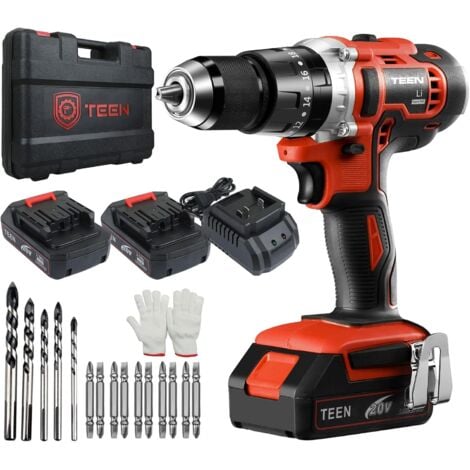 TEENO Perceuse Visseuse à Percussion Sans Fil 20V à 2 Vitesses avec Marteau et 2 Batteries Lithium-ion (2,0 Ah), Mandrin Métal 13mm Max Couple 45N. m, Charge Rapide 1h