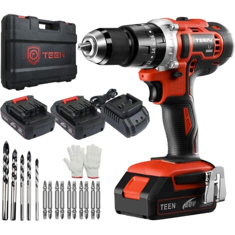 TEENO Perceuse Visseuse à Percussion Sans Fil 20V à 2 Vitesses avec Marteau et 2 Batteries Lithium-ion (2,0 Ah), Mandrin Métal 13mm Max Couple 45N. m, Charge Rapide 1h - Rouge
