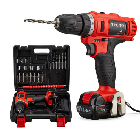 TEENO Perceuse visseuse sans fil 21V,2 Batteries,2 Vitesses,21 Accessoires (Perceuse et Deux batteries)