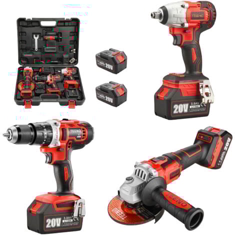 TEENO Perceuses Combi-Kit Clé à chocs sans fil Brushless+Perceuse a Percussion + Meuleuse D'angle Brushless + 2 Batteries 20V 3Ah