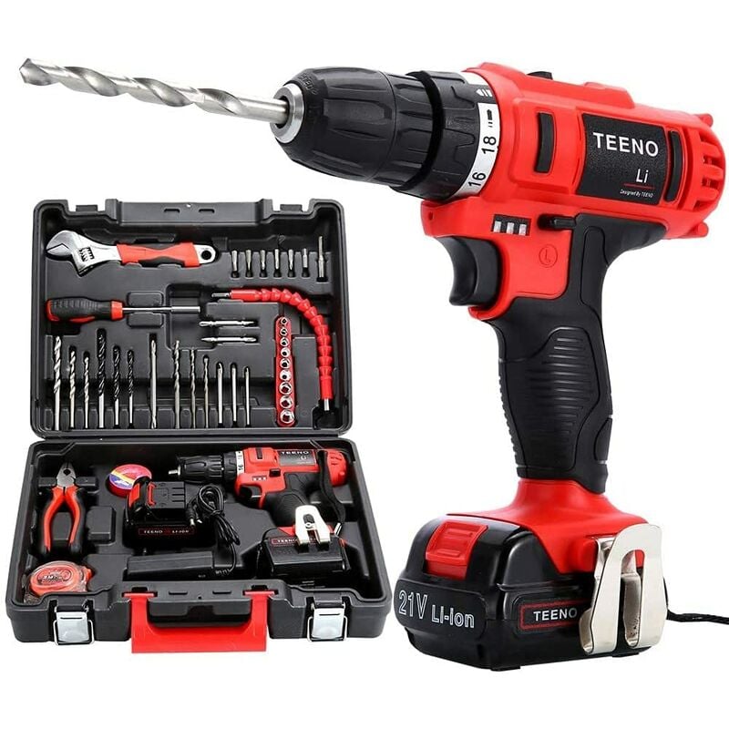 

Taladro Atornillador 21V 41Pcs Kit Destornillador Eléctrico 2*Baterías de Litio 1500mAh - Rouge - Teeno