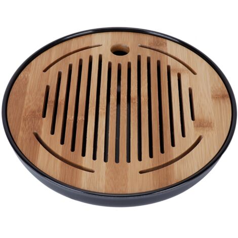 Teetablett aus Bambus, Untertasse mit Abfluss und Wasserbehälter, rundes Tablett mit 25 cm Durchmesser für Zuhause