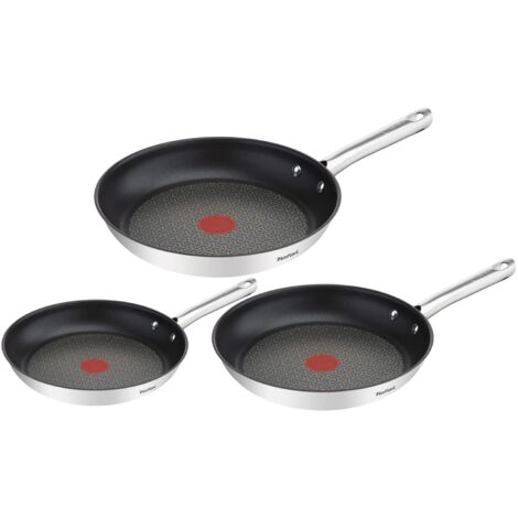 Tefal Duetto Set di 3 Padelle da 20/24/28 cm in acciaio inox, padelle antiaderenti, base spessa, rinforzata a prova di urti, facile pulizia, adatto a tutti i tipi di cucine
