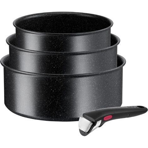 Tefal Ingenio Black Stone L39996 - Set di 4 casseruole, impilabili, rivestimento antiaderente, adatto a induzione, indicatore di temperatura del segnale termico, nero