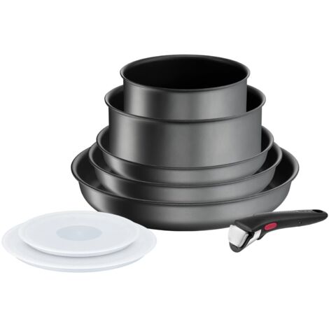 Tefal Ingenio Daily Chef ON, set di pentole e padelle, 8 pezzi, impilabili, manico rimovibile, salvaspazio, antiaderenti, a induzione, grigio, L7619202