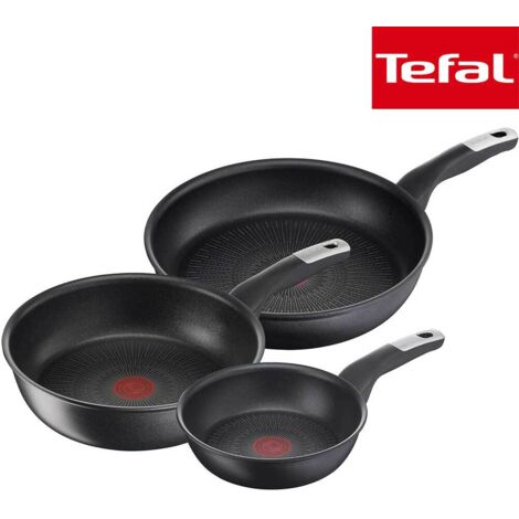 Tefal Unlimited On G25591 Set di 3 padelle da 24/28 cm e pentola wok da 28 cm, rivestimento antiaderente antigraffio e segnale termico, tutti i piani cottura + induzione, facile da pulire, nero