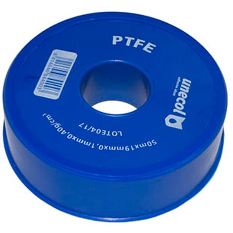 UNECOL GYMCOL teflon fontanero 19x50x0.1mm. rollo 50 m , Teflón fontanero. Alta densidad. - Cinta PTFE 700/13. - Rollo de 50 m. 19 x 0,1 mm. - 40 g/cm3.