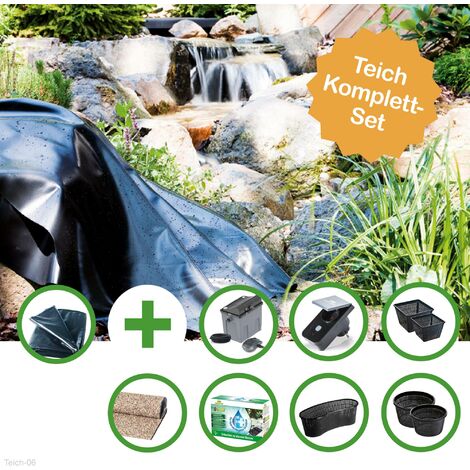 TEICH SET "RHEIN"- GROSSER FOLIENTEICH - TEICHFOLIE 48 QM MIT DURCHLAUFFILTER SET FPU10100-00, UFER-/BACHLAUFFOLIE, PFLANZKÖRBEN UND SMART PLUG