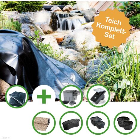 TEICH SET "WOLGA" - GROSSER FOLIENTEICH - TEICHFOLIE 48 QM MIT DURCHLAUFFILTER SET FPU16000-00, UFER-/BACHLAUFFOLIE, PFLANZKÖRBEN UND SMART PLUG