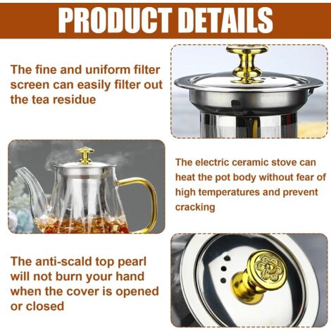 Teiera con filtro: teiera in vetro borosilicato da 1000 ml con filtro in acciaio inossidabile, corpo in vetro resistente al calore, design antigoccia, adatta per tè sfuso e tisane, ed è anche un'ottim
