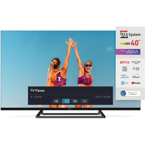 Tele System Smart TV 40 Zoll Full HD LED senza cornice, certificato CAM tiv�sat, compatibile HbbTV, HDR10 e HLG, alimentato da VIDAA, con doppio telecomando incluso