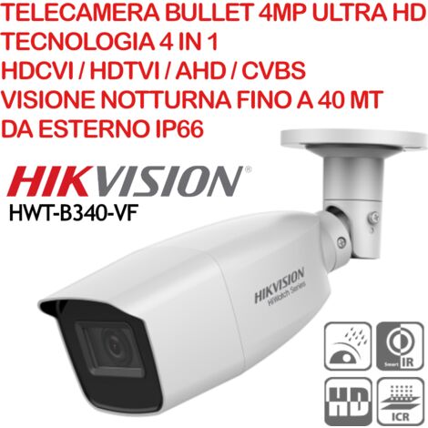 Telecamera Bullet Hikvision Hiwatch HWT-B340-VF 4.0 Megapixel Ultra HD, 4 in 1 HDCVI / HDTVI / AHD / CVBS, ottica varifocale 2.8  12mm, IP66