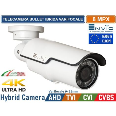 TELECAMERA BULLET IBRIDA 4IN1 AHD TVI CVI CVBS OTTICA VARIFOCALE 9-22MM 8MP 4K ULTRA HD VISIONE NOTTURNA 60 METRI IP65
