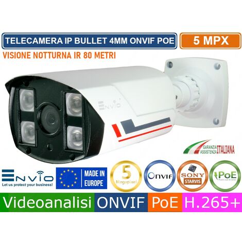 TELECAMERA BULLET  IP 4MM 5MP MEGAPIXEL VIDEOANALISI ONVIF POE H.265++ IP66 80 METRI