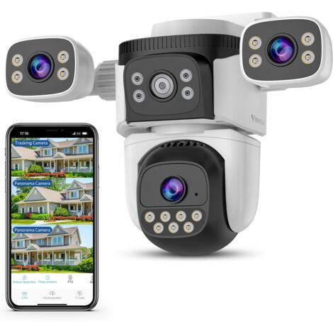 Telecamera di sicurezza per esterni con tre obiettivi, vista a 360°, Wi-Fi da 2,4 GHz, rilevamento di presenza, visione notturna a colori, panoramica e inclinazione, zoom 10x, audio bidirezionale, tel
