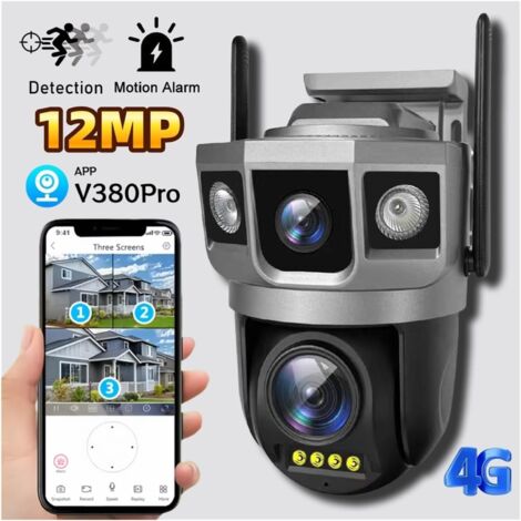Telecamera di sicurezza per esterni PTZ 4G da 12 MP con scheda SIM, 2 obiettivi, 3 cornici, tracciamento automatico, visione notturna HD 6K, rilevamento umano PIR