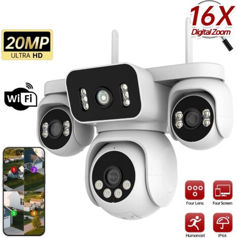 Telecamera di sicurezza WiFi 10K 20MP, 4 obiettivi, 4 schermi, PTZ 360°, zoom 16X, impermeabile, sorveglianza domestica, videosorveglianza esterna (spina UKWiFi CAM ADD 64G)