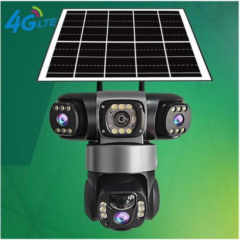 Telecamera solare per esterni V380 Pro da 15 MP, tripla lente, sicurezza IP 4G, vista panoramica a 360°, rilevamento del movimento PIR, visione notturna, videosorveglianza (scheda 4G CAM 64G)