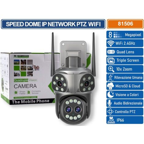 TELECAMERA SPEED DOME PTZ IP NETWORK 8MP CON QUATTRO LENTI ANALISI INTELLIGENTE AUDIO BIDIREZIONALE ZOOM 10X IP66