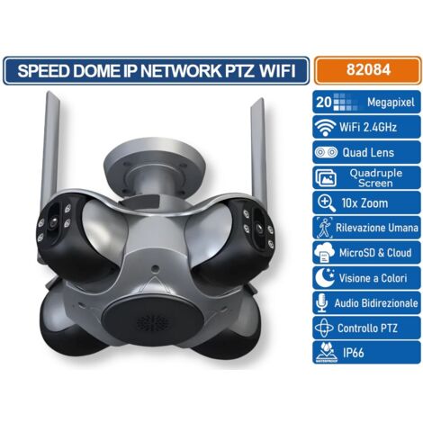 TELECAMERA WIFI DA ESTERNO 10K 20MP CON 4 OBIETTIVI – VISIONE A 4 SCHERMI, PTZ, AUDIO BIDIREZIONALE