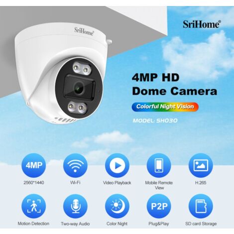 Telecamera Wifi IP SriHome SH030: Risoluzione HD 4.0 MP, Visione Notturna Infrarossi, Onvif,P2P, Slot SD e Audio Starlight
