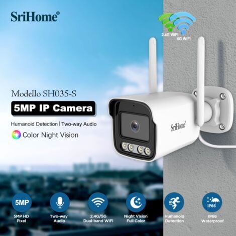 "Telecamera wifi SriHome SH035-S con infrarossi luminosi per sorveglianza HD a 5.0 MP con audio e supporto microSD"