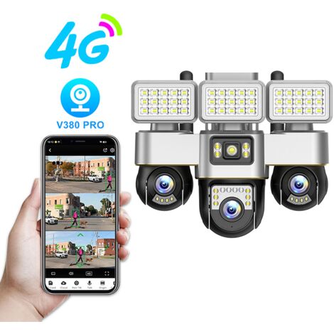 Telecamere di sorveglianza 3 in 1 4G a doppia sorgente luminosa, 3 telecamere da 2 megapixel da 3 pollici con lampione, scheda SIM 4G e allarme umanoide [Classe di efficienza energetica A+]