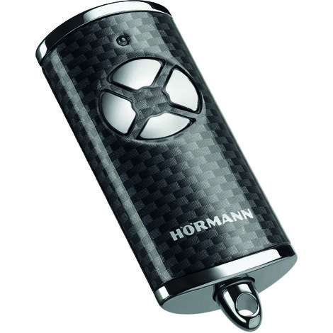Telecomando Hörmann HSE 4 BS (frequenza 868 MHz, carbonio lucido, azionamento della porta del garage con coperture cromate, batterie incluse, dimensioni 28x70x14 mm, portachiavi incluso) 4511585