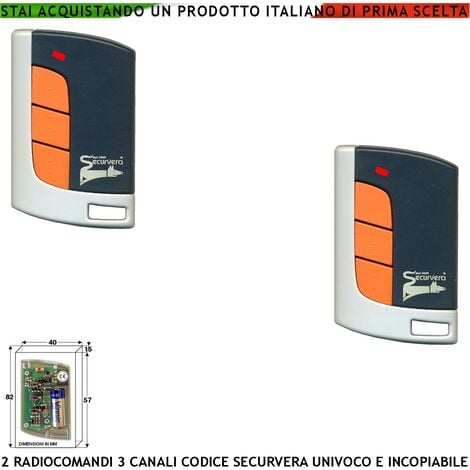 Telecomando Radiocomando 3 Canali 2 Pezzi Frequenza 433,92 MHz Potenza 1 mW Portata Aria Libera 60/100 MT Codice Sicurezza Securvera Rolling Code 66 Bit Batteria 12V 23A Contenitore ABS Tasti Numerati