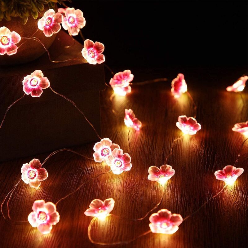 Guirlande lumineuse avec 10M 100LED en forme de fleur de cerisier rose, Alimenté par USB pour Noël, Télécommande modèle 8 fonction clignotant,