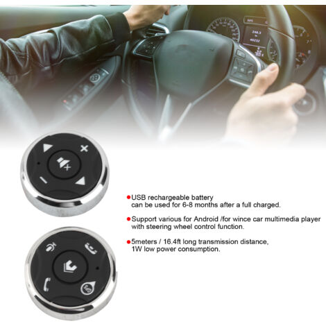Télécommande Volant Rechargeable USB pour Autoradio Android [Bouton Multifonction, ABS, 5m Portée, Kit Complet]