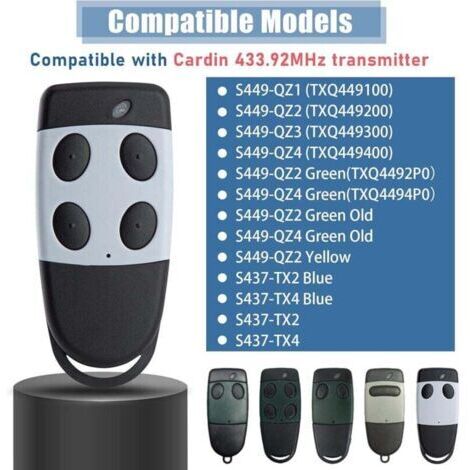 Télécommandes de porte de garage CARDIN S449 QZ4 et S449 QZ2, compatibles avec la bande 433,92 MHz, paquet de 2.