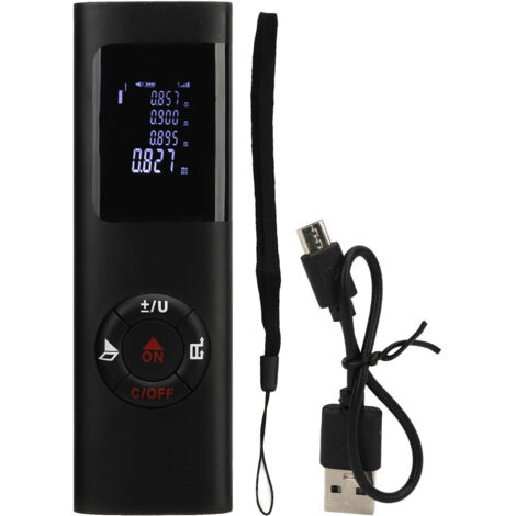 Télémètre électronique haute précision rechargeable USB avec règle de mesure numérique intégrée, batterie incluse, couleur noire.