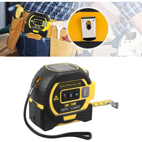 Télémètre laser 3 en 1 avec crosse verticale et ruban 5m - Distance 60m - Stockage 20 données - Auto-lock - ABS/TPR anti-glisse - Jaune (incl. vis)